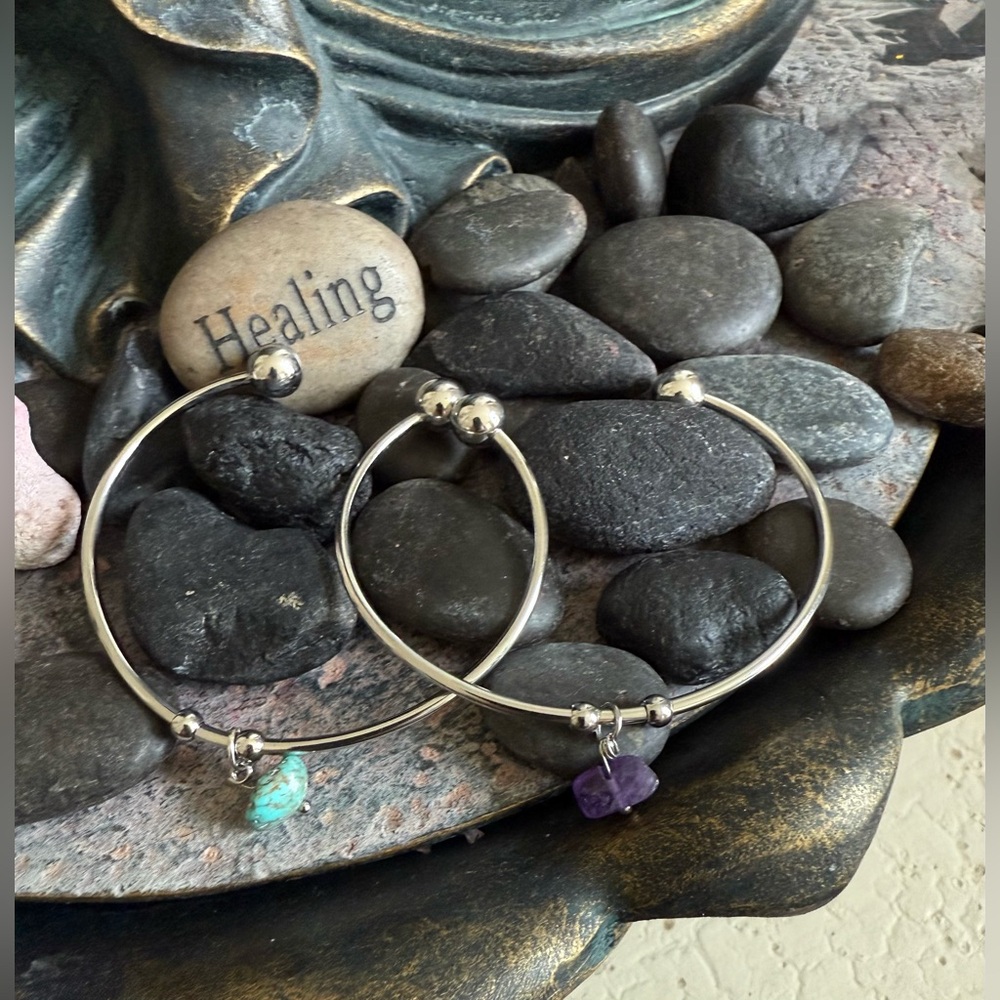Set of 2 Stainless Steel Open Bangle Cuff Bracelets with dangle gemstone.